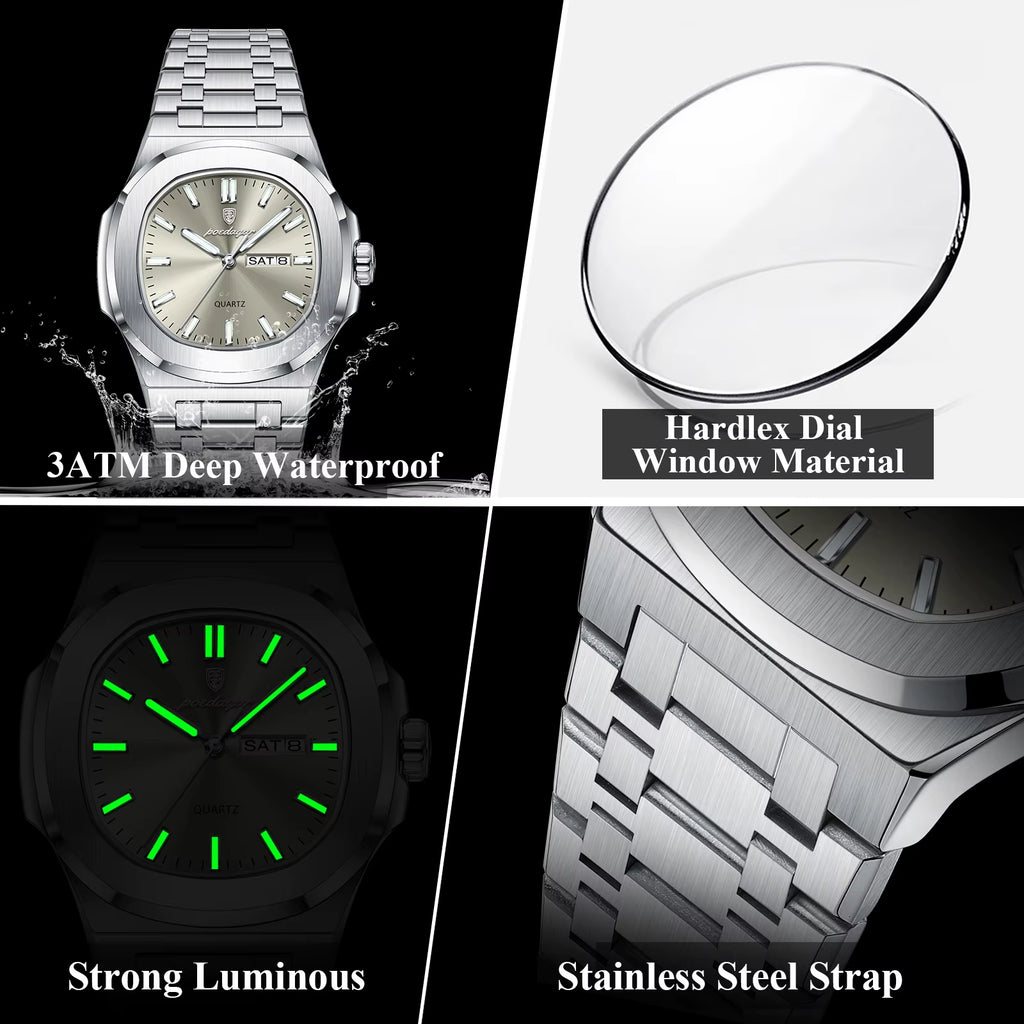 Luxury Military Man Watch Square Waterproof Luminous Date Week Men Watch Stainless Steel Quartz Men'S Watches Reloj+Box