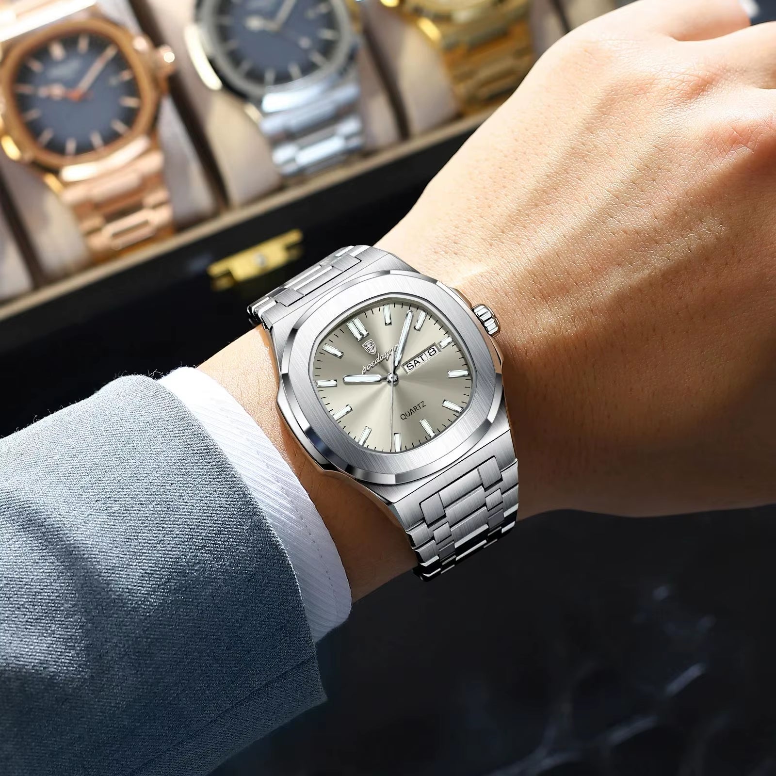 Luxury Military Man Watch Square Waterproof Luminous Date Week Men Watch Stainless Steel Quartz Men'S Watches Reloj+Box